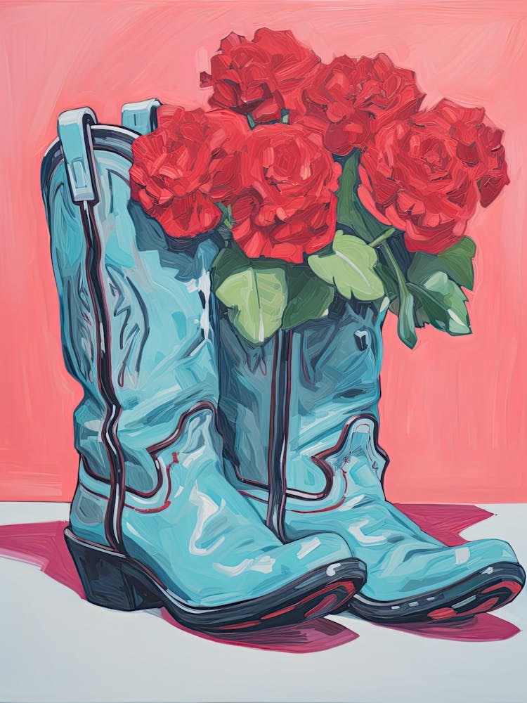 A Painting Of Cowboy Boots With Roses Flowers, Fauvist Style, Still Life 5