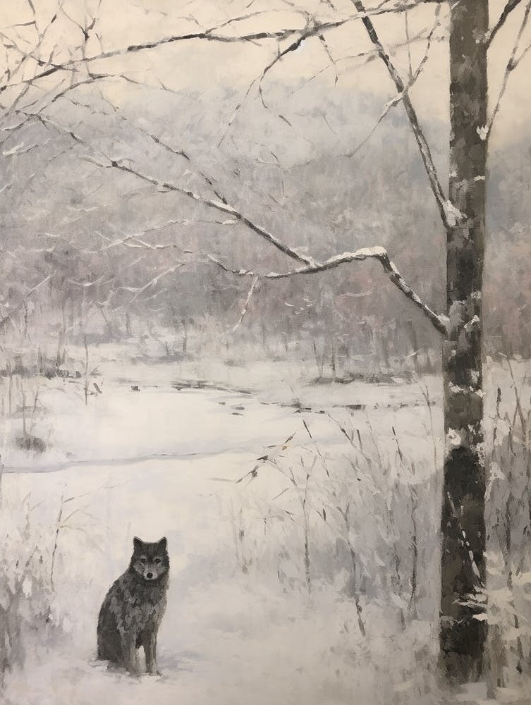 Vintage Winter Animal Painting Gray Wolf 1
