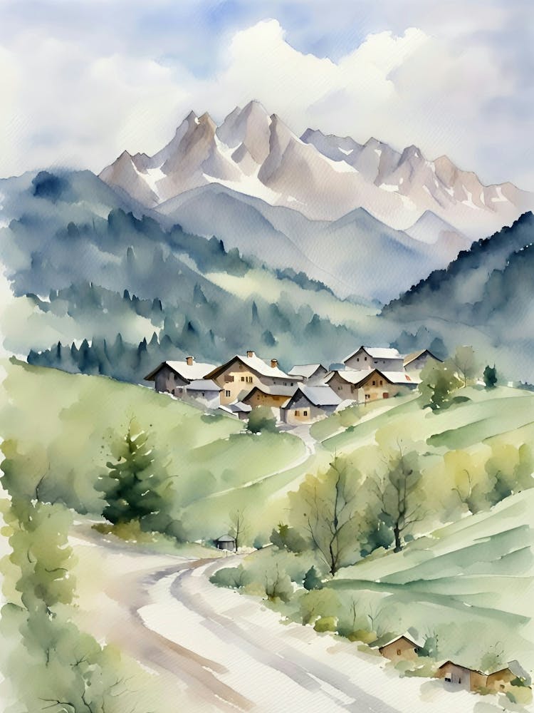 Watercolor Of A Mountain Village