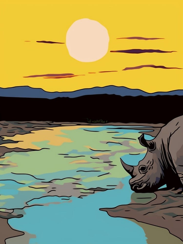 Rhino Drinking Water From The Lake In The Sun