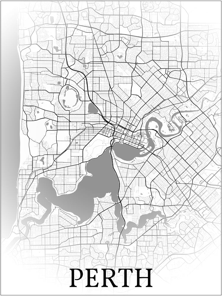 Perth, Western Australia, Australia, City Map, Black And White Fade Design