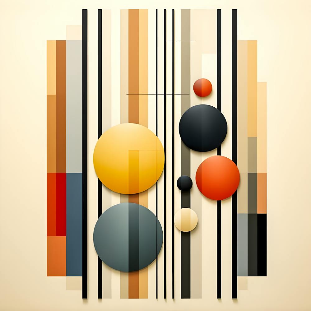 Geometrische Harmonie – Abstraktes minimalistisches Kunstwerk mit farbigen Kreisen und vertikalen Linien, inspiriert vom modernen Art-Déco-Stil