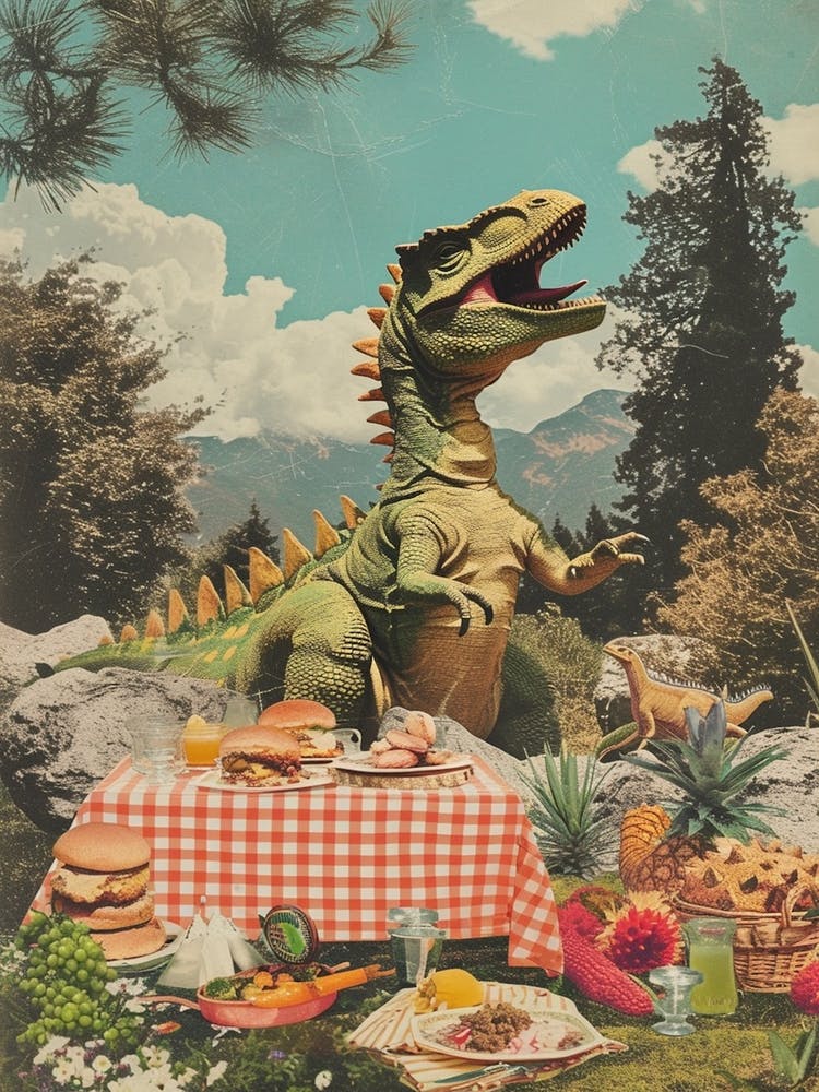 Dinosaur Having A Picnic Retro Collage 2