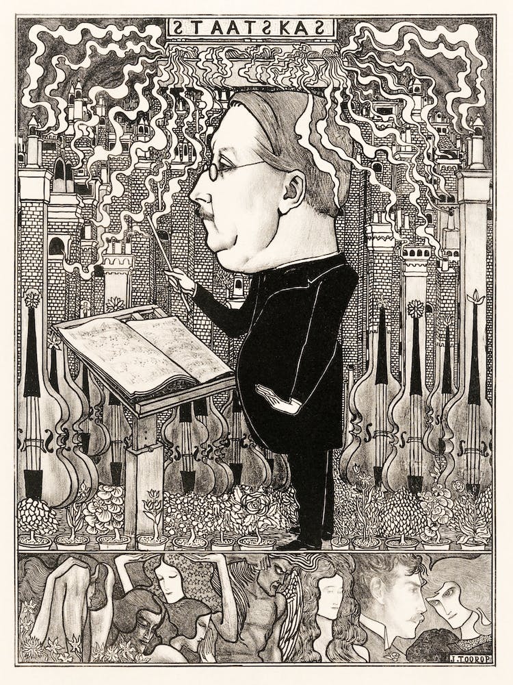 Conductor With Violins And Smoking Chimneys Behind, Jan Toorop