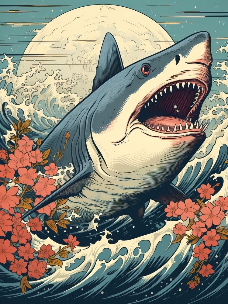Shark Animal Drawing In The Style Of Ukiyo E 3