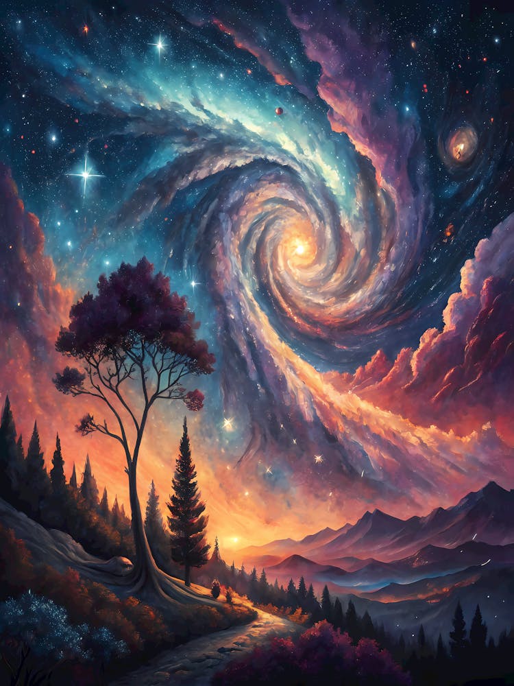 Oil Painting Style Starry Galaxy Forest Vibrant Cosmic Landscape with Swirling Sky and Mountains