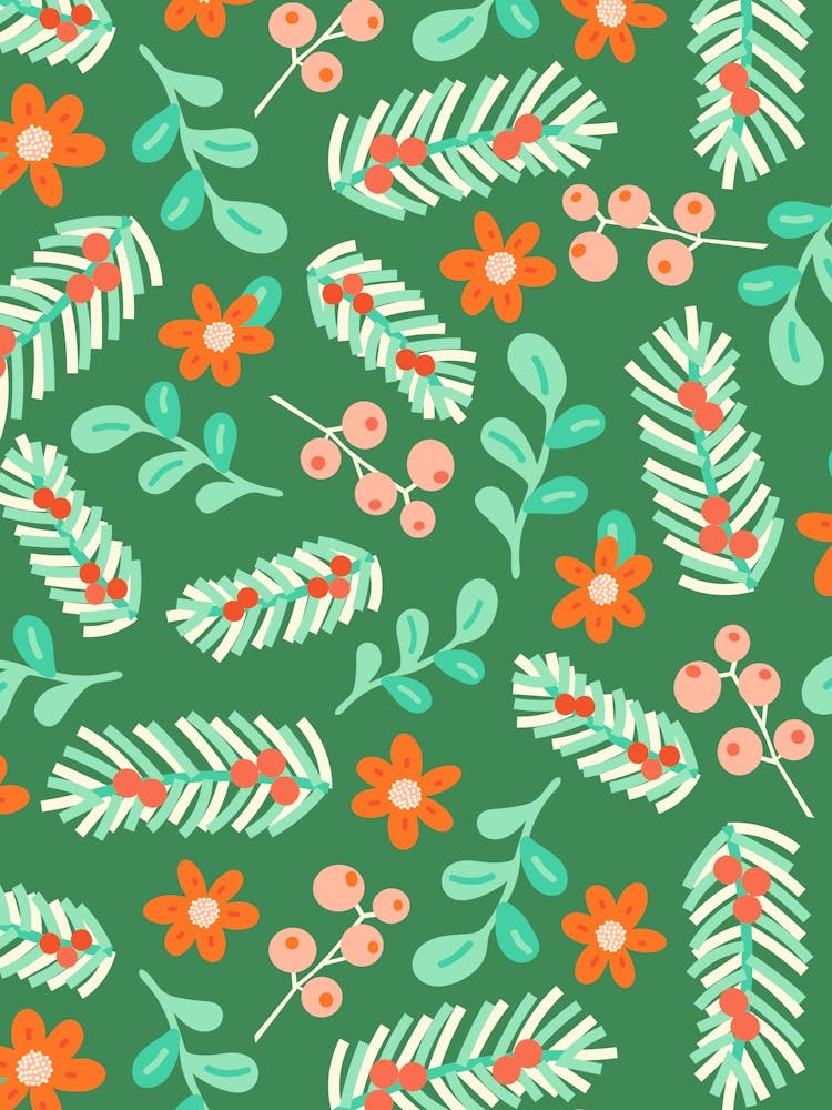 Green and Red Mistletoe and Winter Botanicals on Green