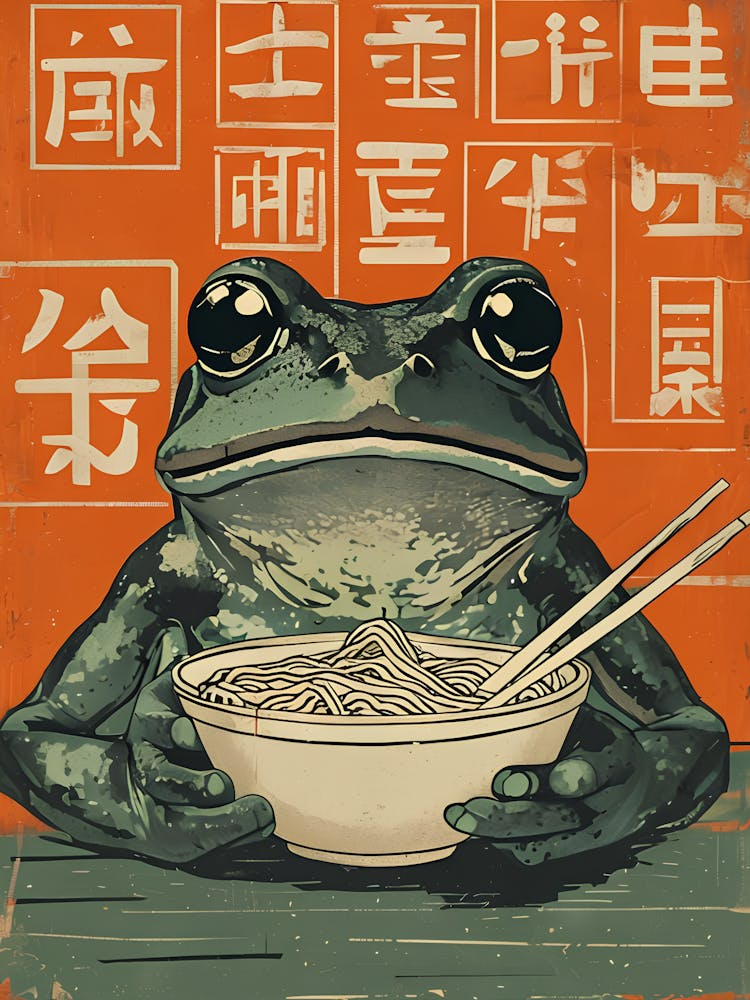 Retro Frog Ramen Poster - Frog Eating Ramen Print - Ramen Noodles Wall Art - Quirky Kitchen Decor - Japanese Inspired