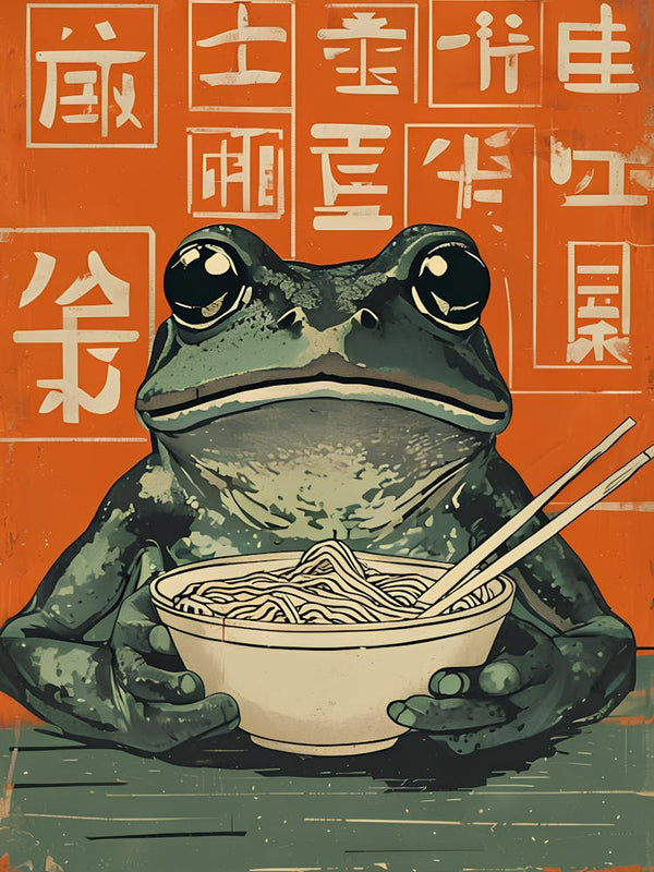 Retro Frog Ramen Poster - Frog Eating Ramen Print - Ramen Noodles Wall Art - Quirky Kitchen Decor - Japanese Inspired