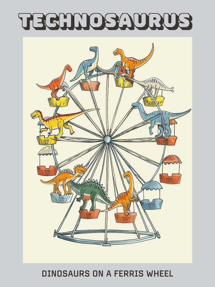 Cute Dinosaur In A Ferris Wheel Illustration Poster