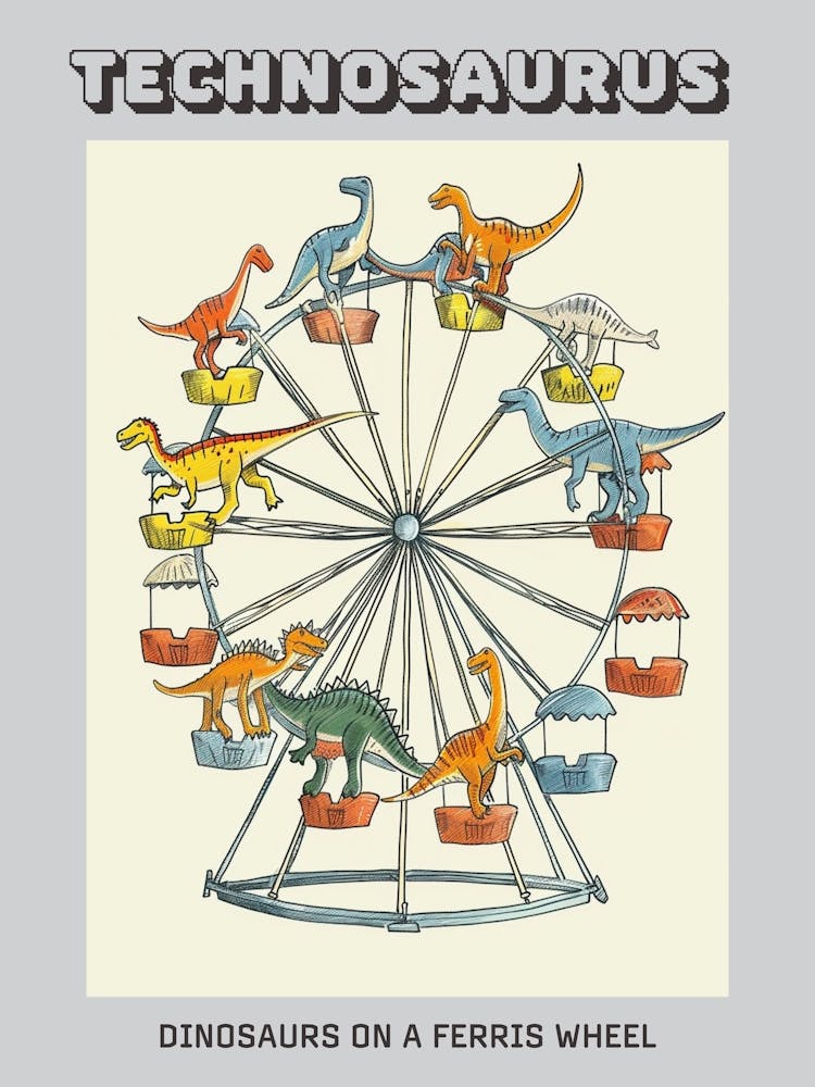 Cute Dinosaur In A Ferris Wheel Illustration Poster