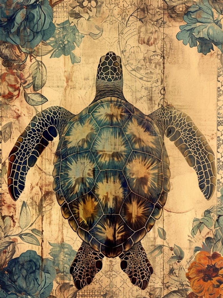 Textured Floral Sea Turtle Blue & Sepia 1
