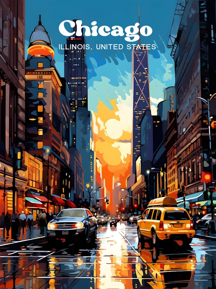 Chicago Illinois United States Night Travel Art Illustration