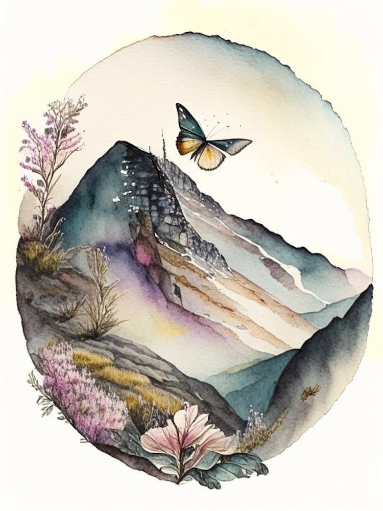 Apollo Butterfly In Mountain Landscape Watercolour Ink 1