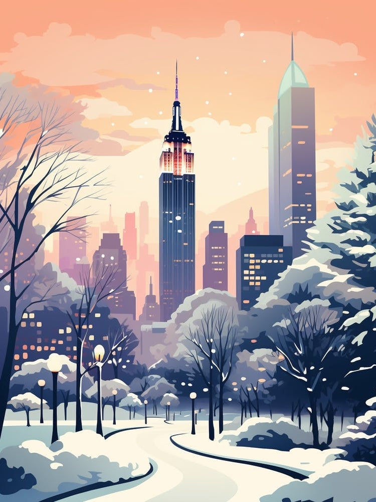 Winter Travel Night Illustration New York City Usa 1