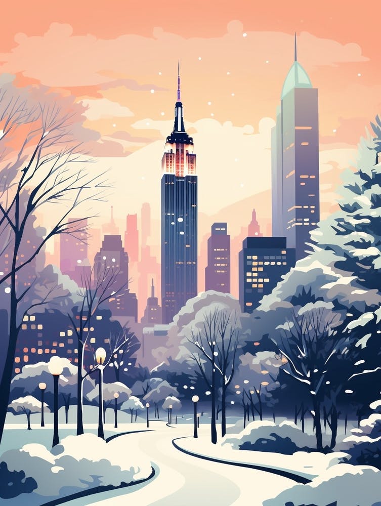 Winter Travel Night Illustration New York City Usa 1