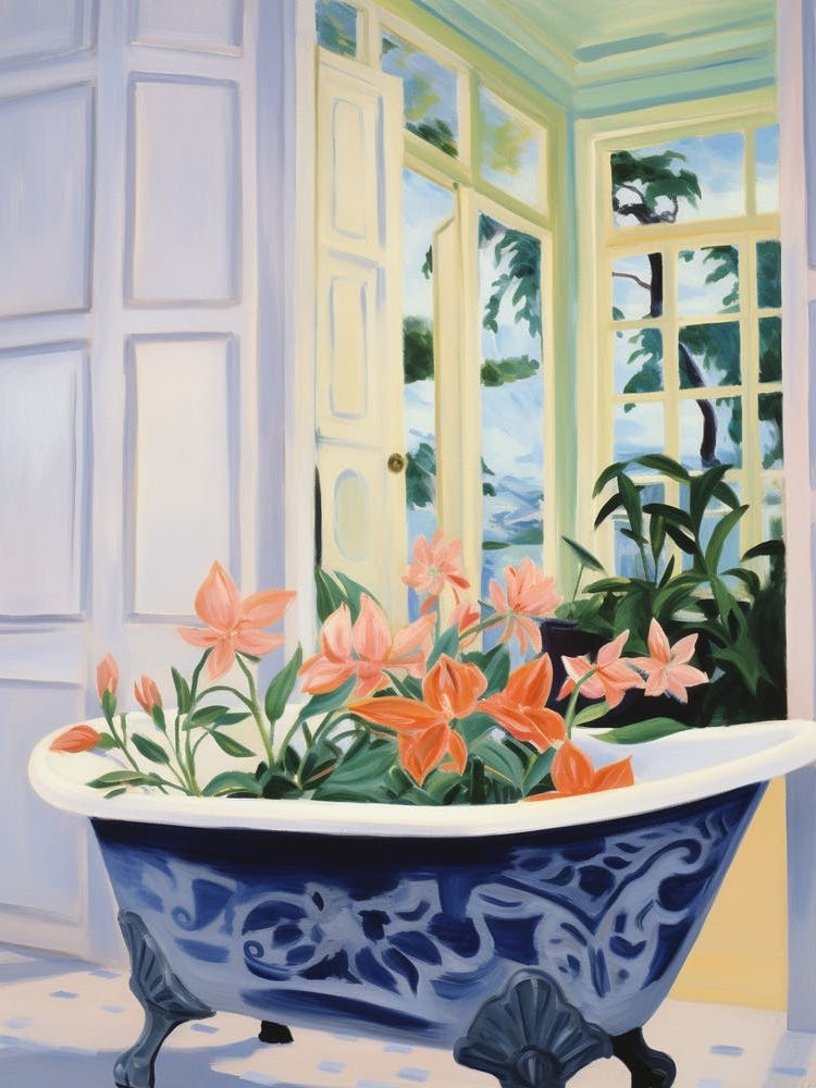 A Bathtube Full Of Columbine In A Bathroom 1