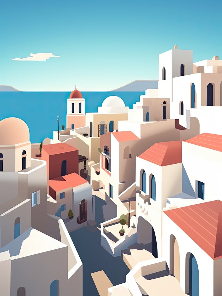 Santorini, Greece, Flat Illustration 2