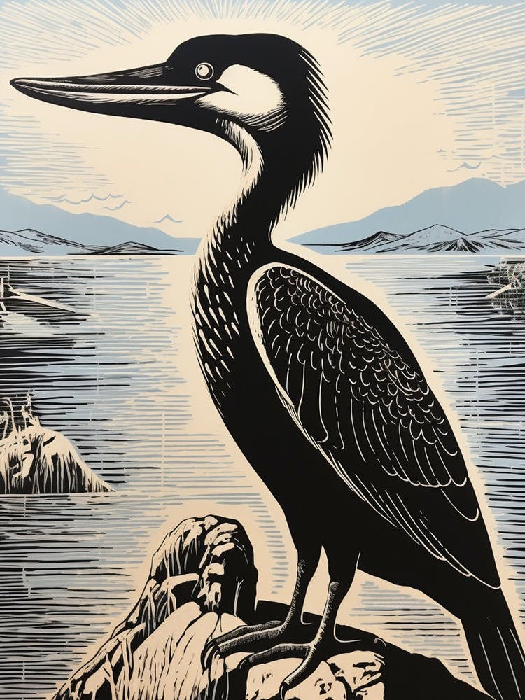 B&W Bird Linocut Cormorant 1