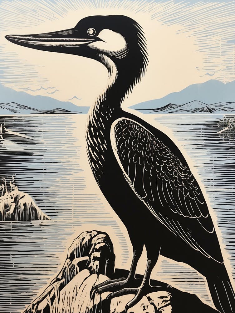 B&W Bird Linocut Cormorant 1