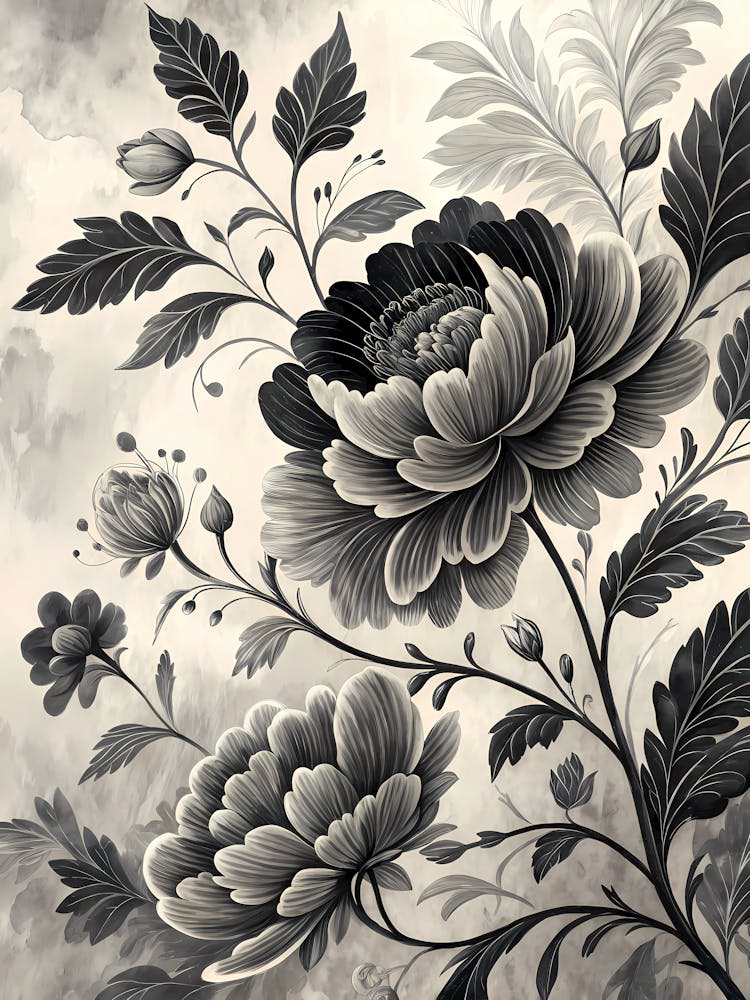 Oil Painting Style Monochrome Floral Pattern In Black