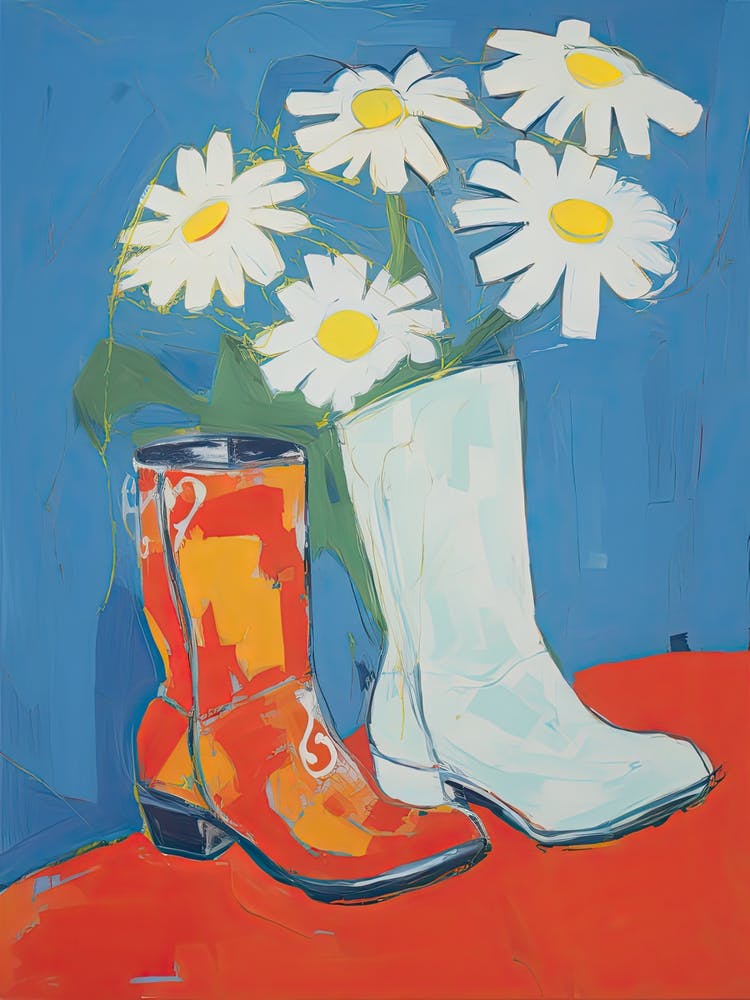 A Painting Of Cowboy Boots With Daisies Flowers, Pop Art Style 8