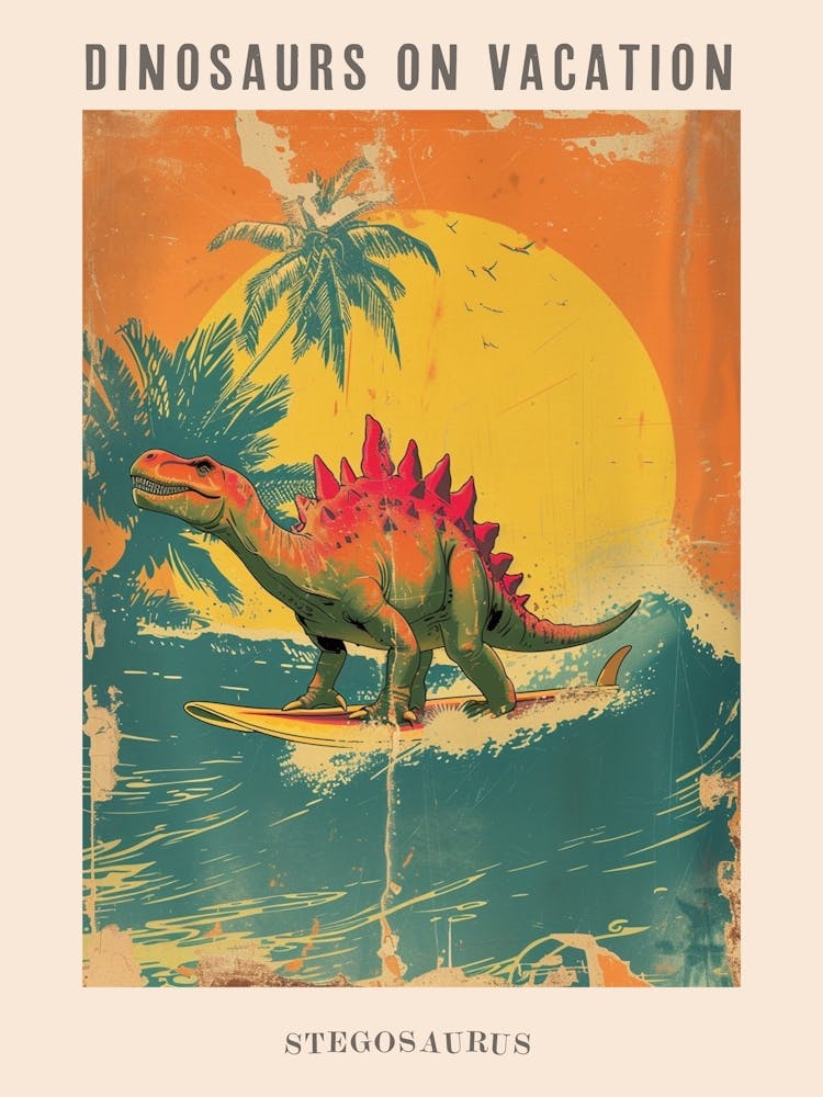 Vintage Stegosaurus Dinosaur On A Surf Board 1 Poster