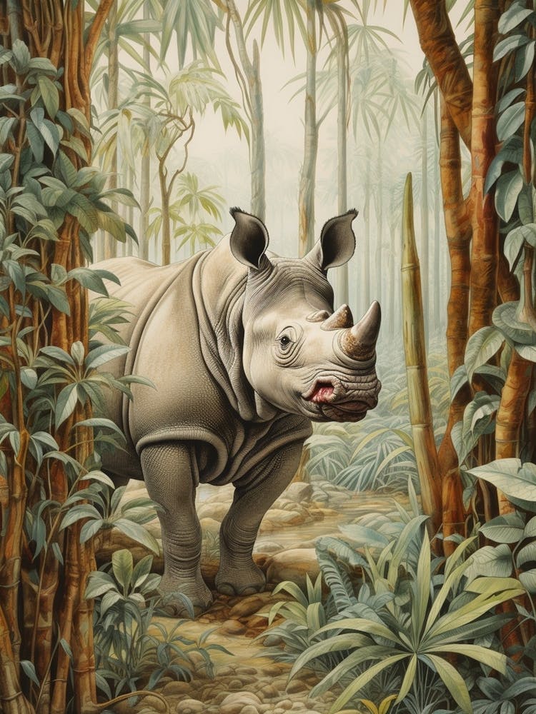 Rhino In The Jungle Realistic Illustration 3