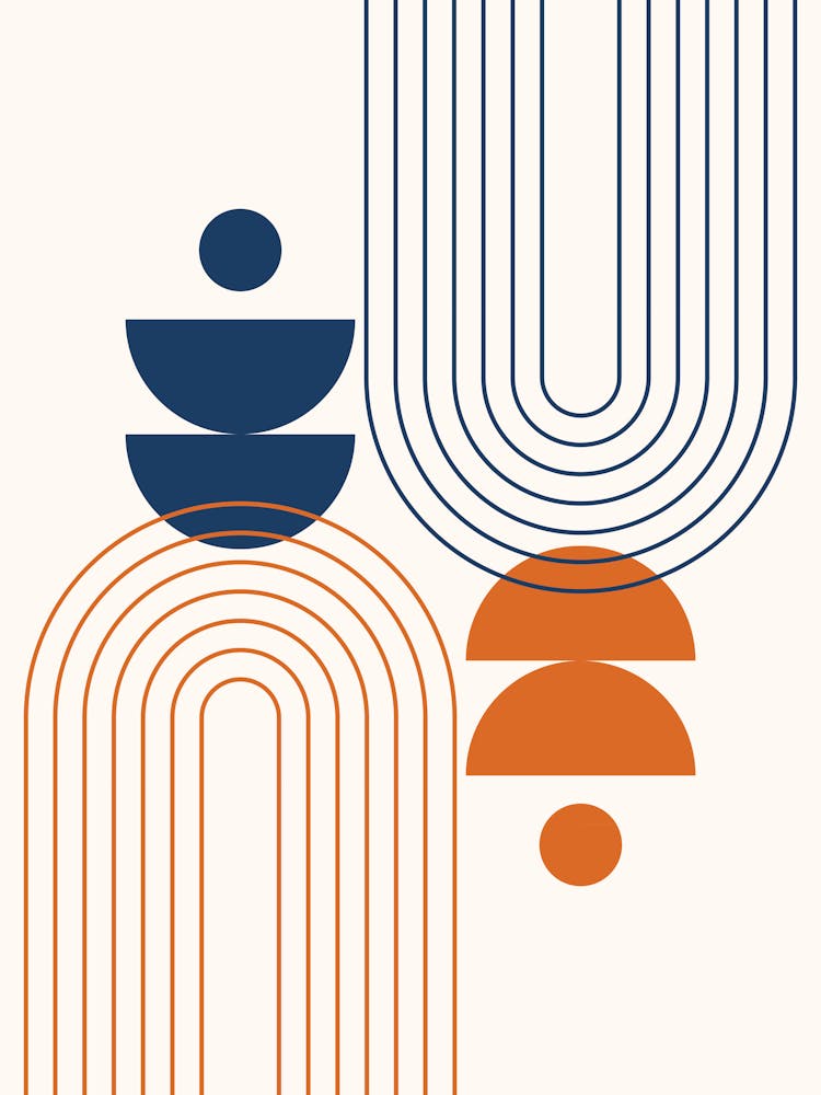 Modern Mid Century Sun, Moon Phases and Rainbow Abstract 25 in Navy Blue and Burnt Orange