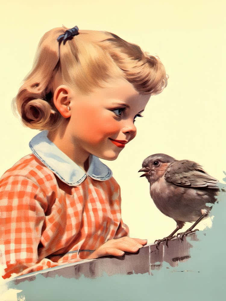 Vintage Retro Kids With Bird Illustration Kitsch 2