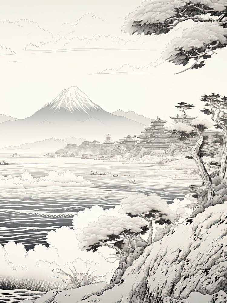 The Ogasawara Islands In Tokyo, Ukiyo E Black And White Line Art Drawing 1