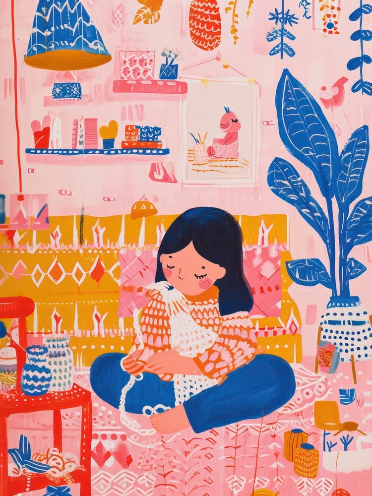 Girl Knitting Lo Fi Kawaii Illustration 3