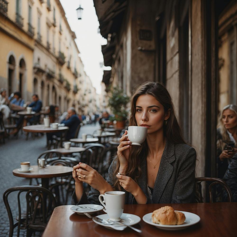 Woman Drinking Coffee In An Italian Cafe