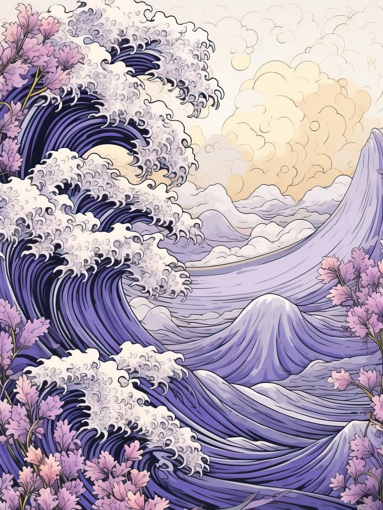 Große Welle mit Lavendelblumenzeichnung im Ukiyo-e-Stil 1