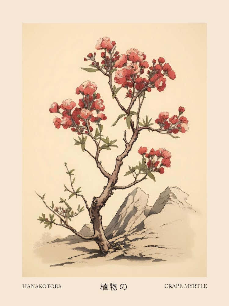 Hanakotoba Crape Myrtle 2 Vintage Japanese Botanical Poster