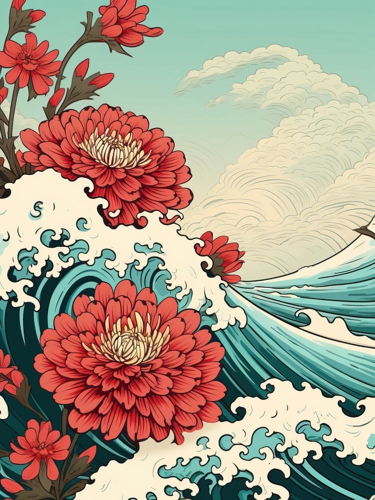 Great Wave With Zinnia Flower Drawing In The Style Of Ukiyo E 4