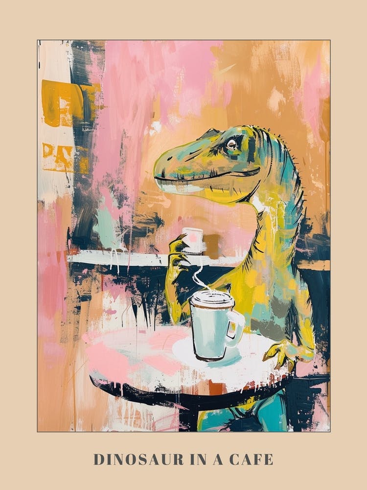 Graffiti Style Dinosaur Drinking A Coffee In A Cafe 1 Poster