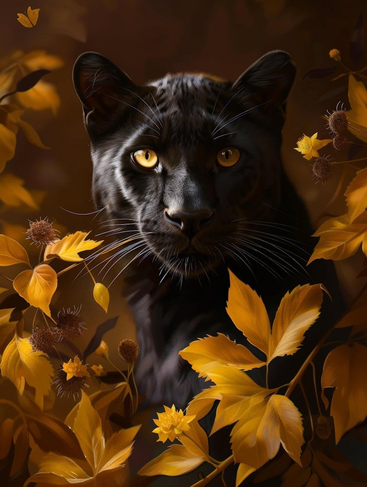 Black Panther In Autumn Leaves