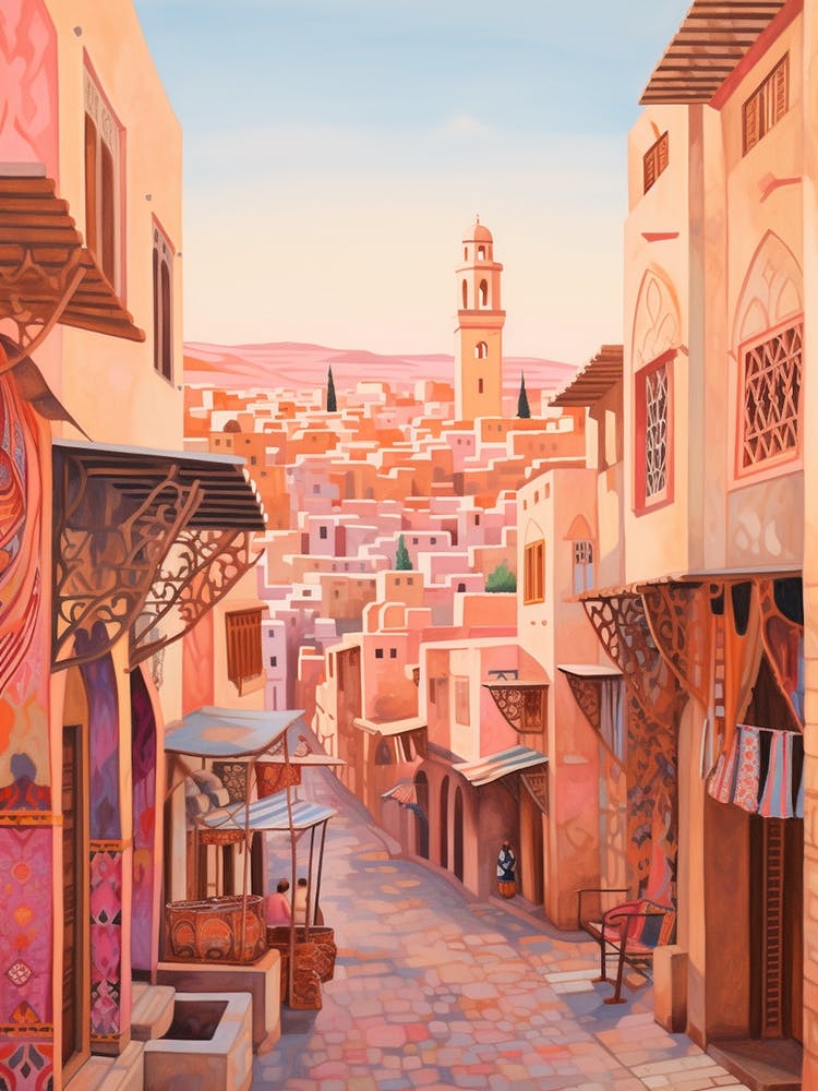 Marrakech Morocco 1 Vintage Pink Travel Illustration
