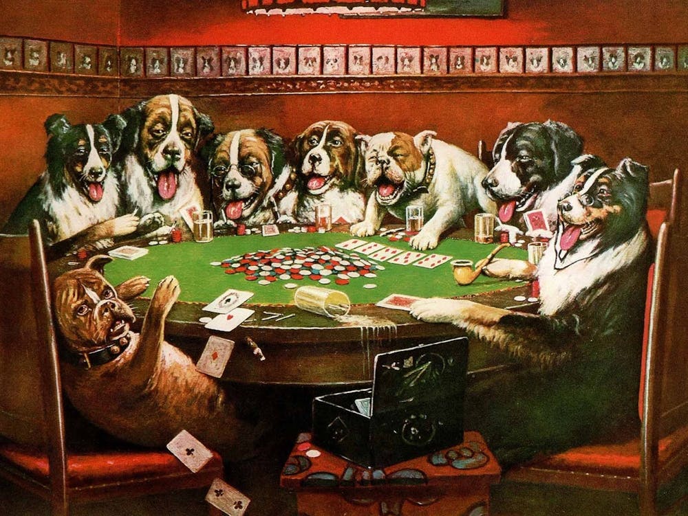 "Dogs Playing Poker" ~ Famous Antique Painting by Cassius Marcellus Coolidge c1903 ~ Remastered HD Funny Made for Brown and Binglow Cigars 1