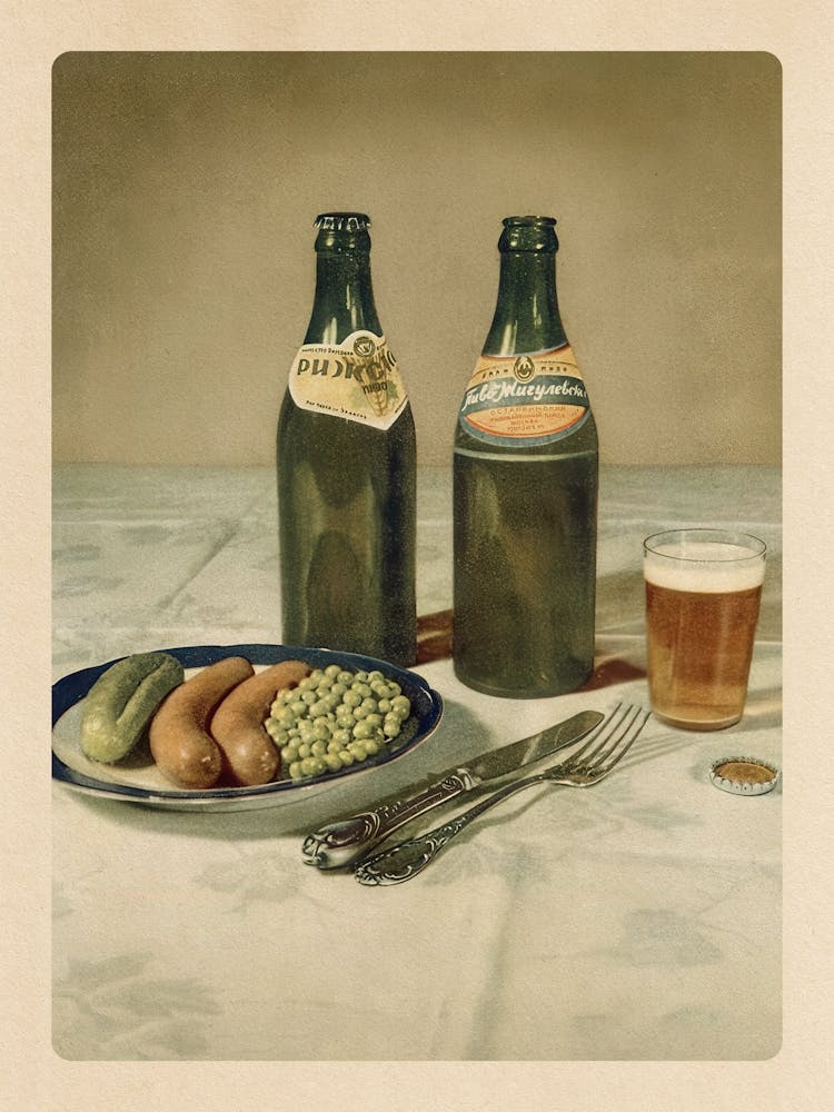 Soviet beer and snacks, sausages — Soviet vintage food poster, kitchen prints, retro art print, propaganda poster