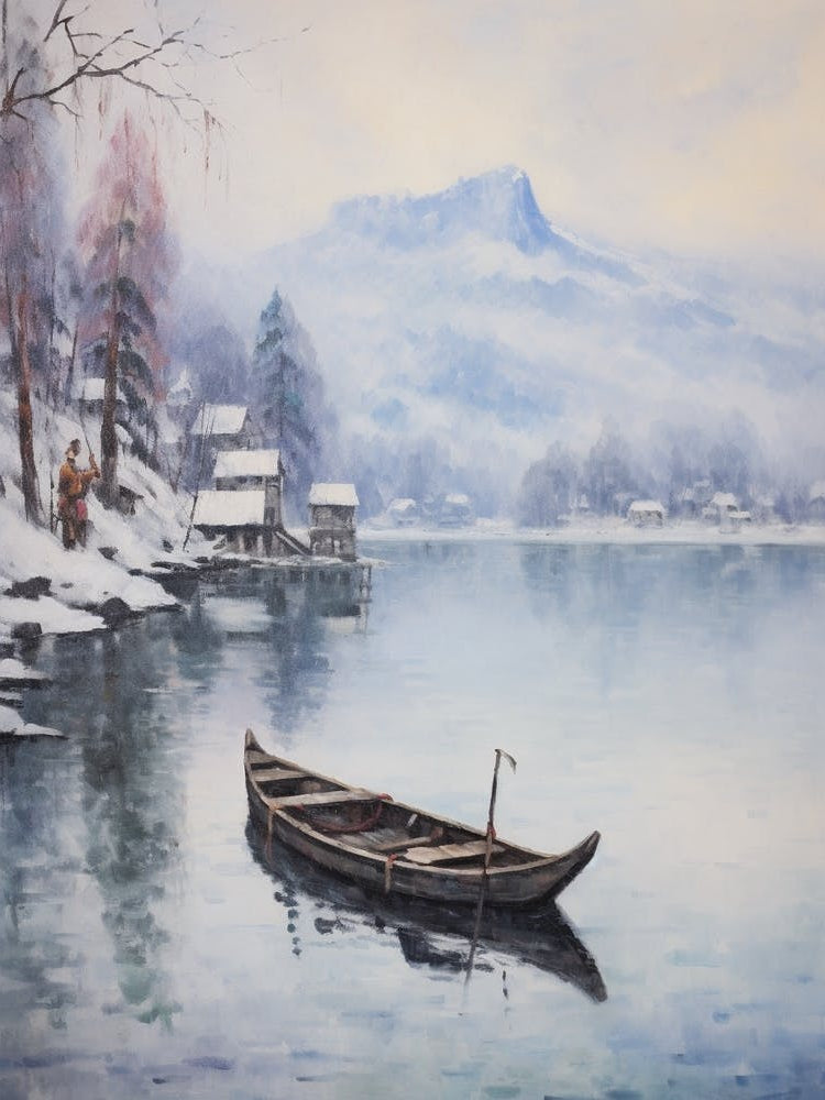 Vintage Winter Painting Lake Bled Slovenia