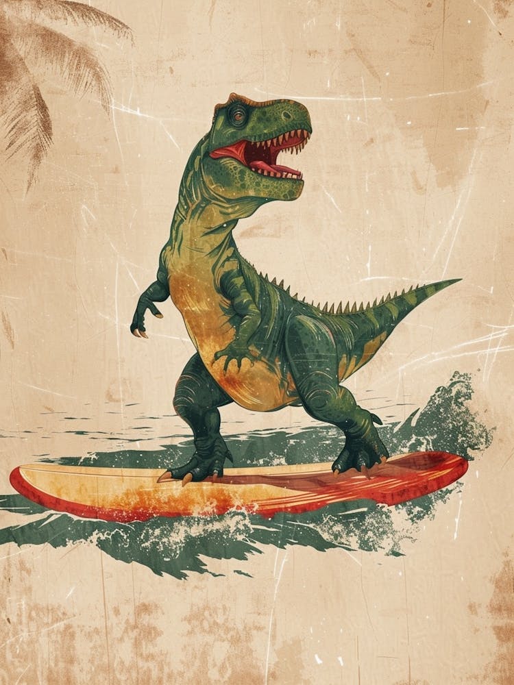 Vintage Pachycephalosaurus Dinosaur On A Surf Board  2