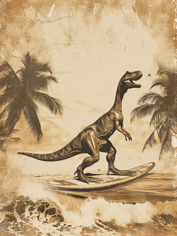 Vintage Plateosaurus Dinosaur On A Surf Board  3