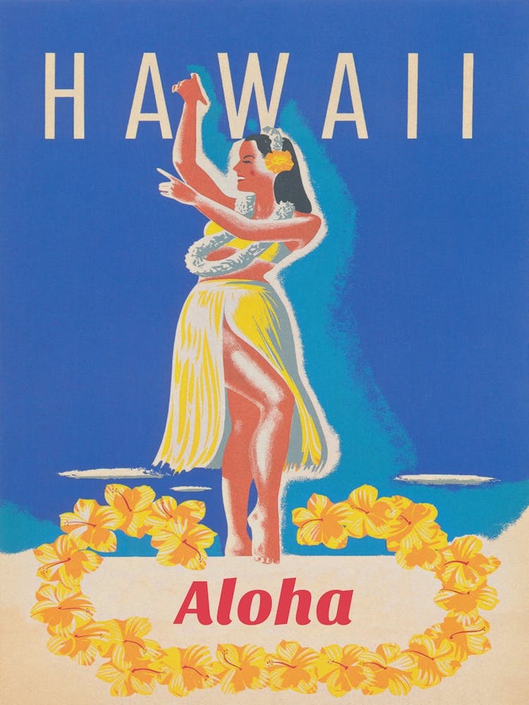 Hawaii Hula Girl, Colorful Retro Vintage Travel Poster