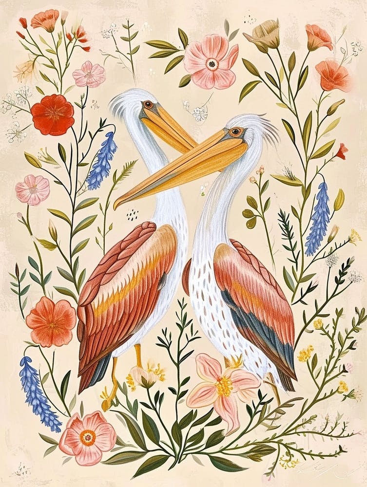 Folksy Floral Animal Drawing Pelican
