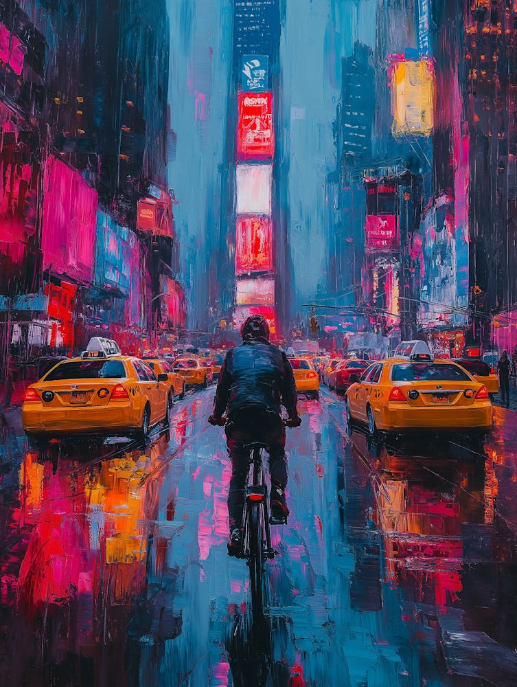 The Bustling Streets In New York City, With Towering Skyscrapers Adorned With Colorful Billboards And Neon Signs