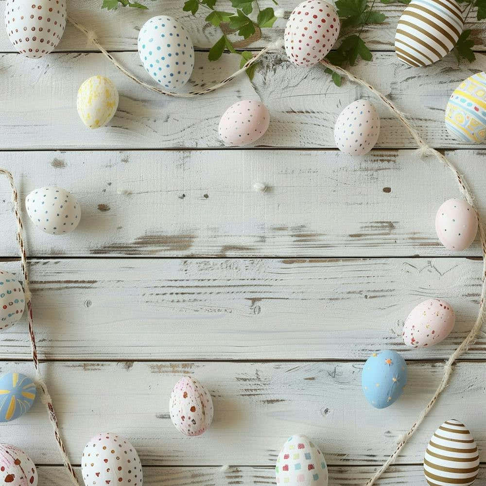 Easter Themed Wooden Table From Above Featuring