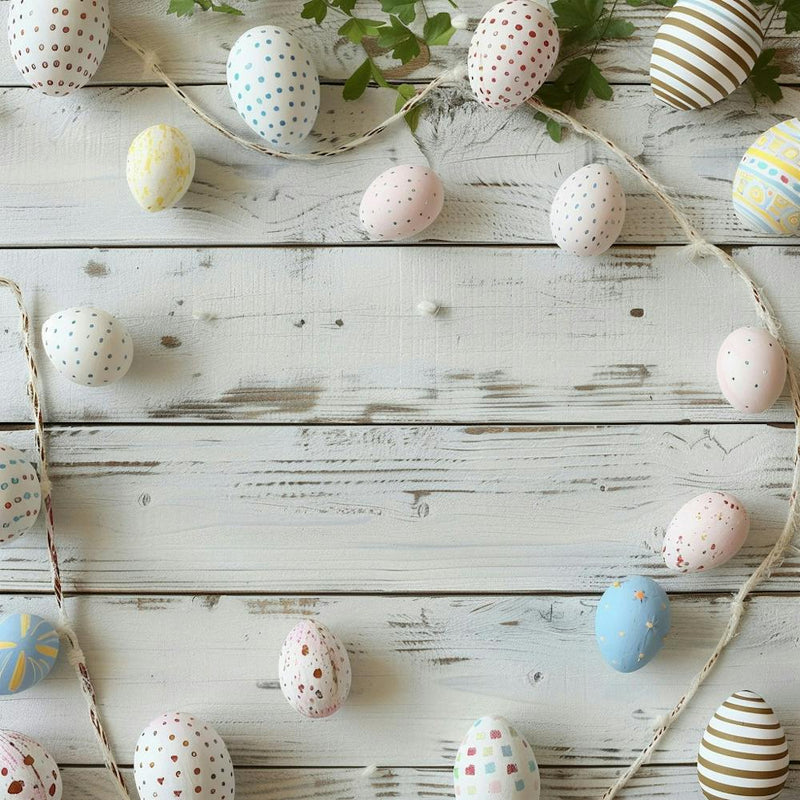 Easter Themed Wooden Table From Above Featuring