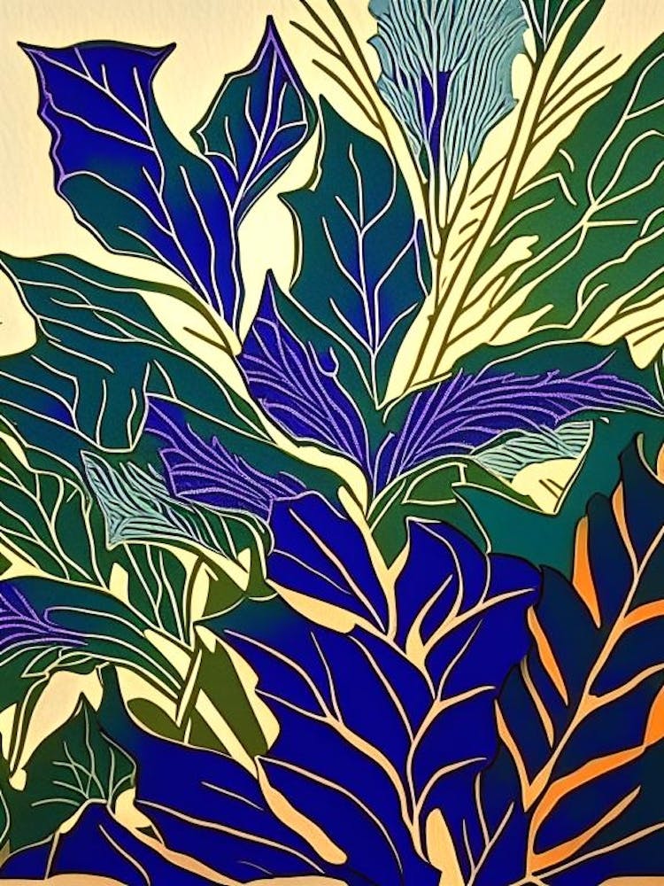 Lavender Leaf Colourful Abstract Linocut